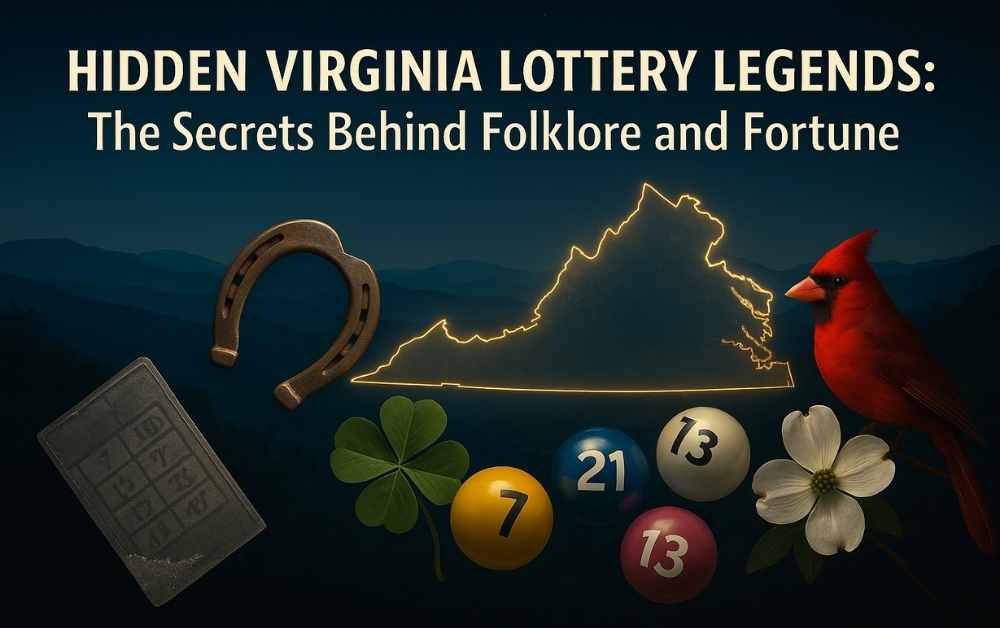 hotorealistic banner showing a glowing Virginia state map over the Blue Ridge Mountains with a horseshoe, four-leaf clover, dogwood blossoms, a cardinal, and floating lottery balls (7, 13, 21, 47) — designed for the article ‘Hidden Virginia Lottery Legends: The Secrets Behind Folklore and Fortune.