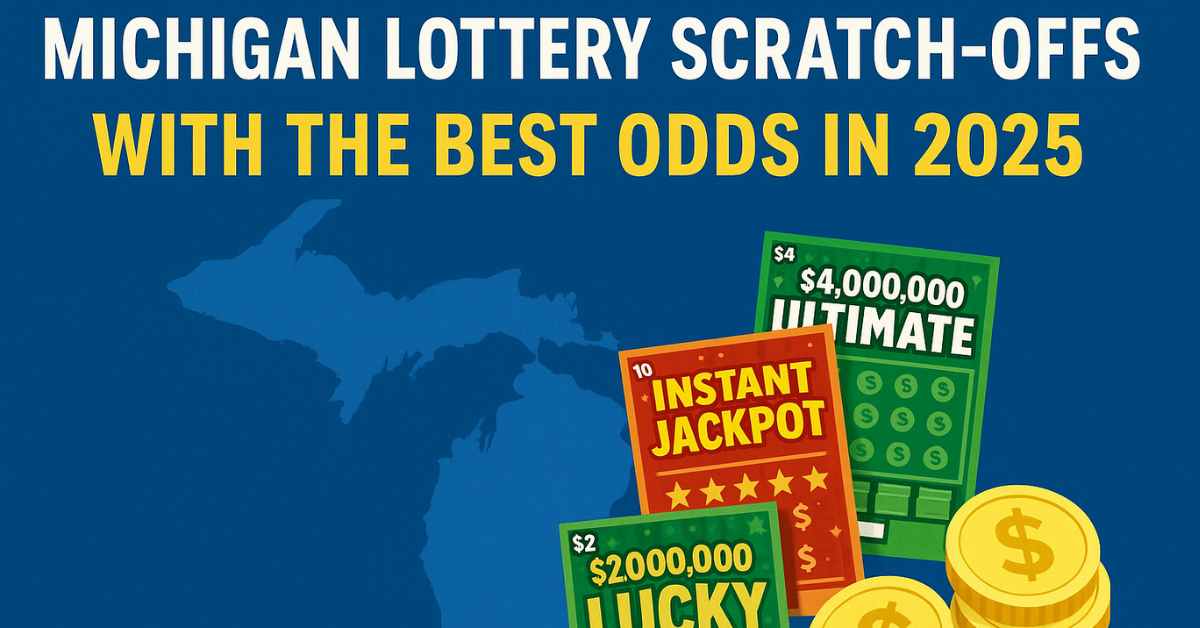 Michigan Lottery scratch-offs with the best odds in 2025 – Michigan map with scratch-off tickets and gold coins.