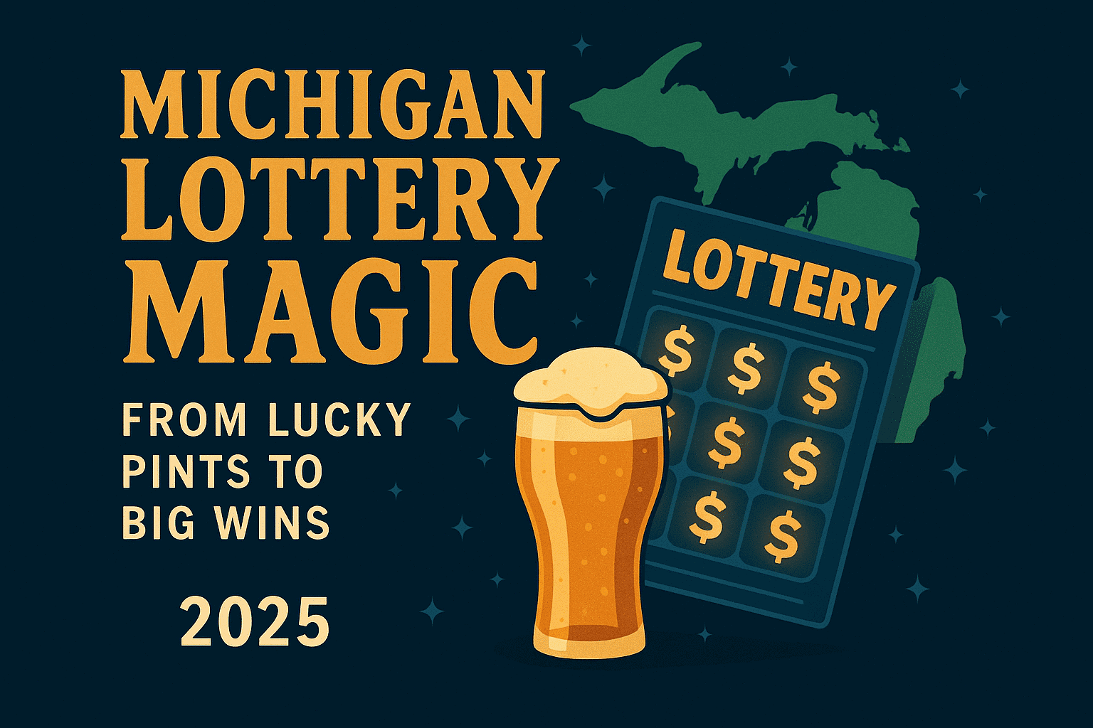 Digital infographic of Michigan Lottery Magic 2025 with glowing lottery ticket, pint glass, and Michigan state outline