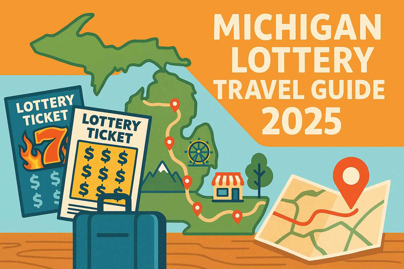 Michigan Lottery Travel Guide 2025 with road trip map, tickets, and travel stops illustration