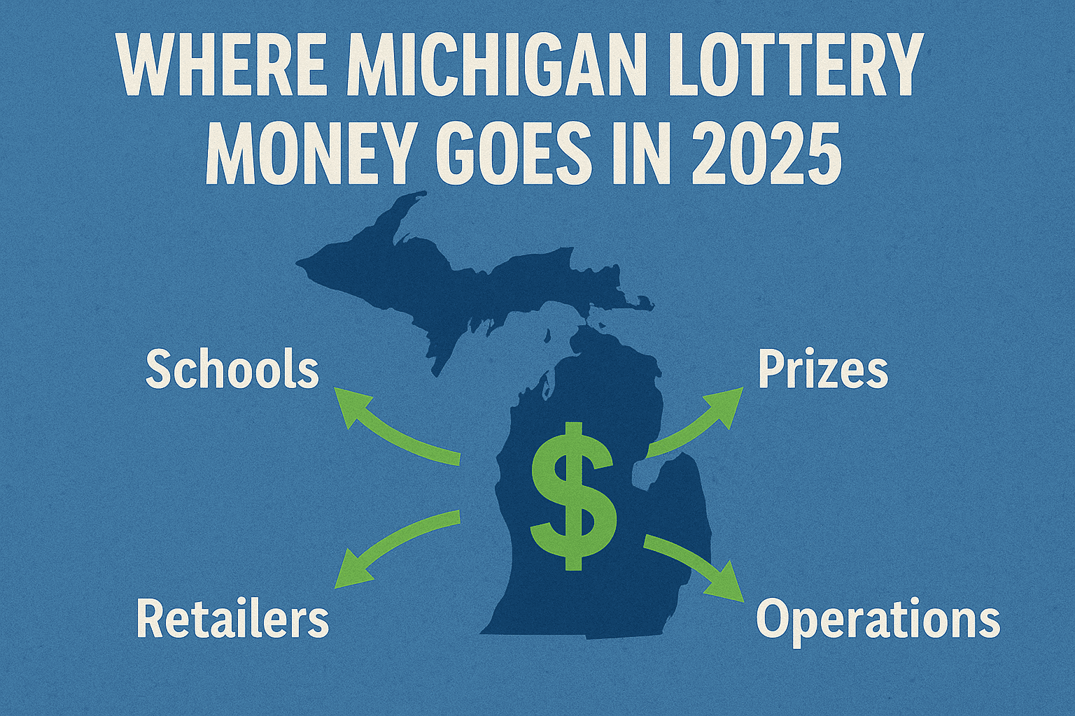Infographic showing where Michigan Lottery money goes in 2025 with arrows pointing to schools, prizes, retailers, and operations