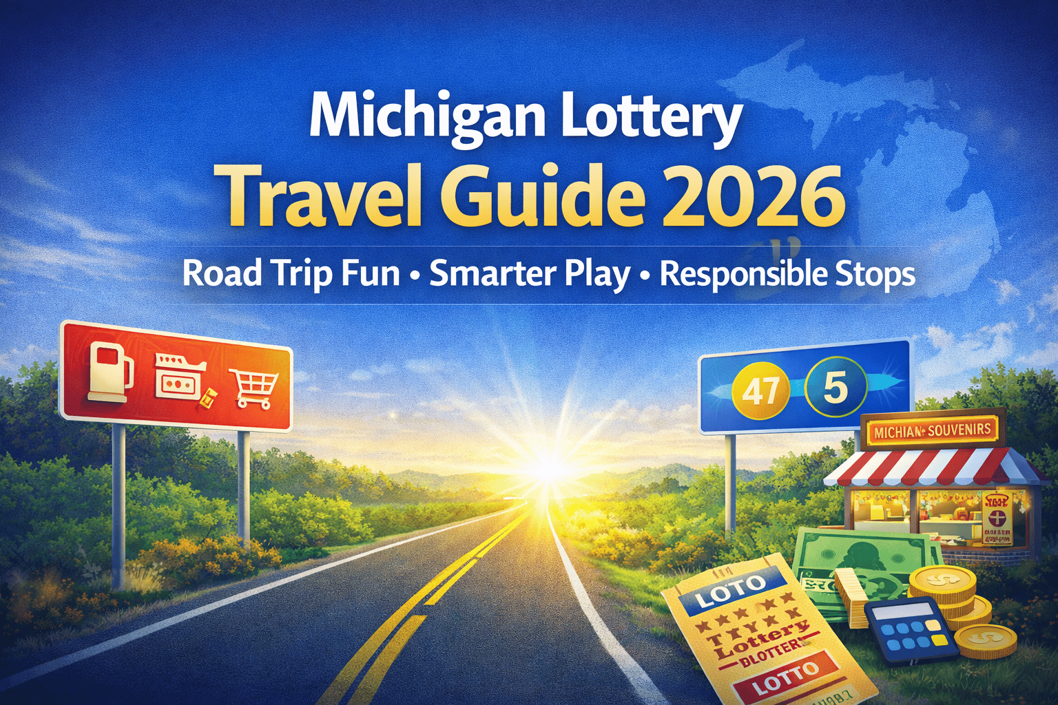 Michigan Lottery travel guide 2026 road trip theme showing lottery stops games and responsible play tips
