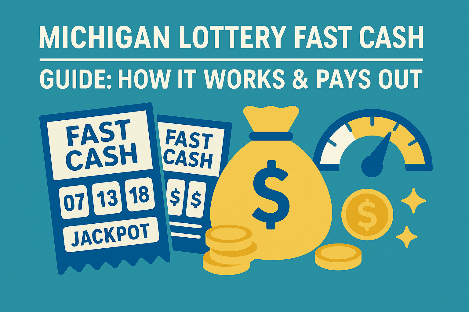 Blue and gold vector illustration featuring Michigan Lottery Fast Cash tickets, gold coins, and a jackpot meter symbolizing instant-win gameplay and payouts.