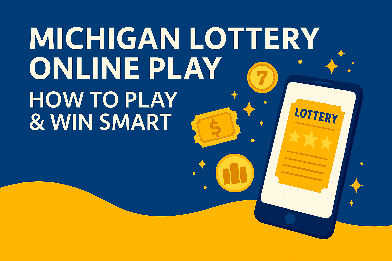 Blue and gold digital illustration showing Michigan Lottery Online Play on a smartphone with floating lottery icons and coins, representing instant games and EZMatch.