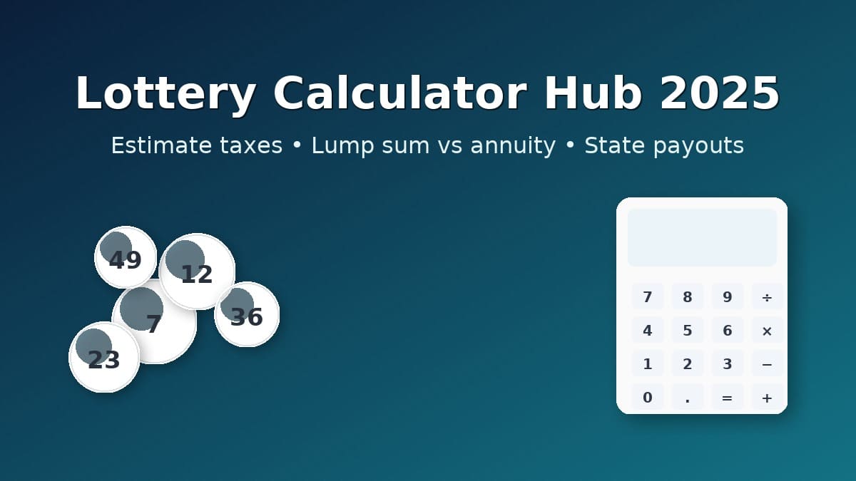 Lottery Calculator Hub 2025 featured image showing calculator and lottery balls with title text at the top