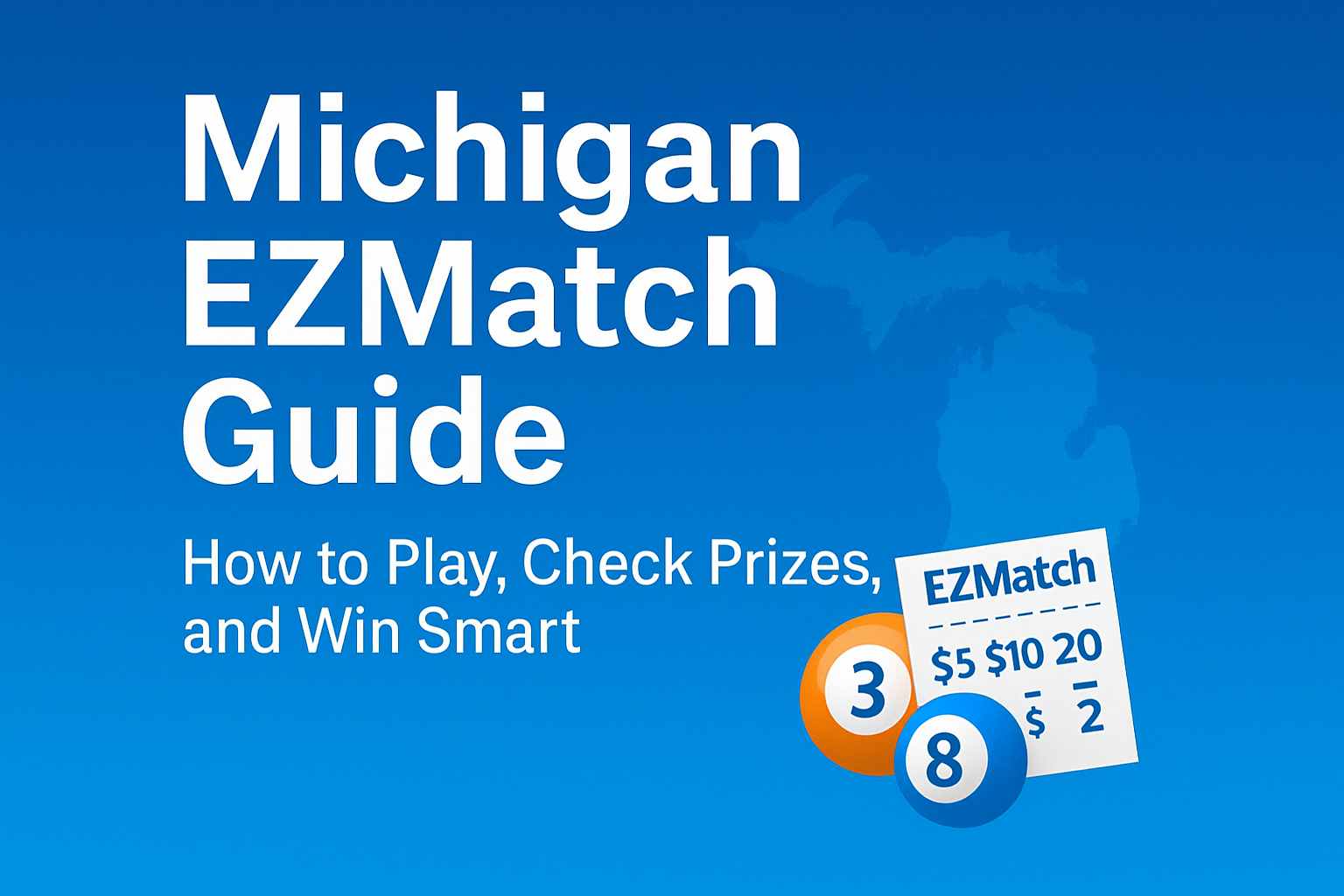 Michigan EZMatch Guide featured image with a blue gradient background, Michigan state silhouette, EZMatch ticket, and two lottery balls.