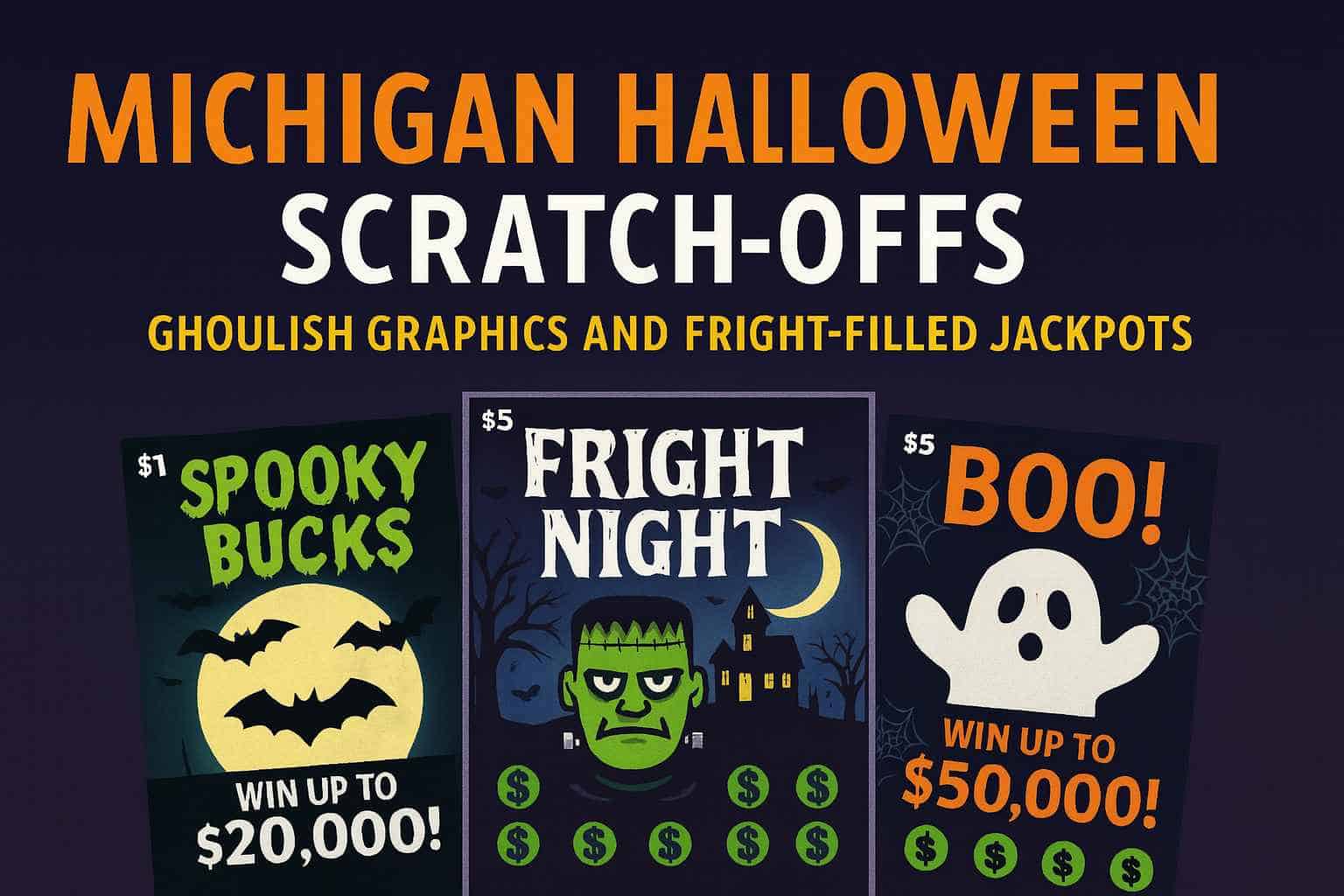 Halloween-themed Michigan Lottery scratch-off tickets with pumpkins, ghosts, bats, and spooky designs