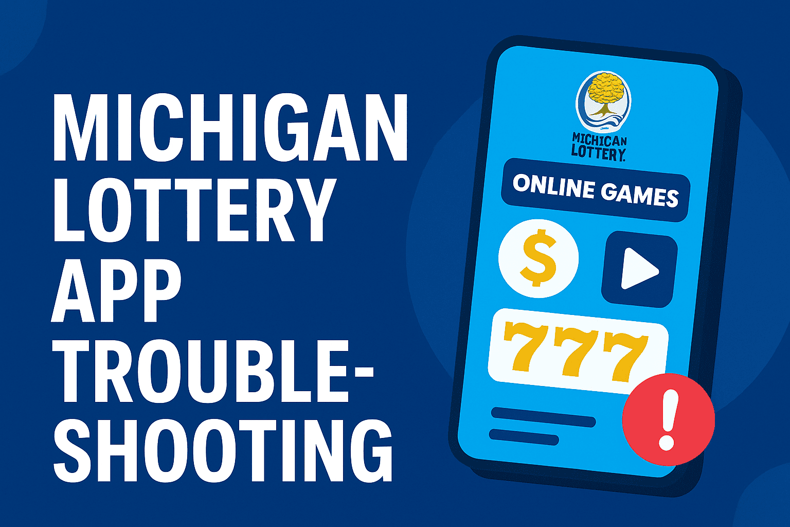 Flat digital illustration of a smartphone with gear and magnifying-glass icons symbolizing Michigan Lottery app troubleshooting in blue and gold colors.