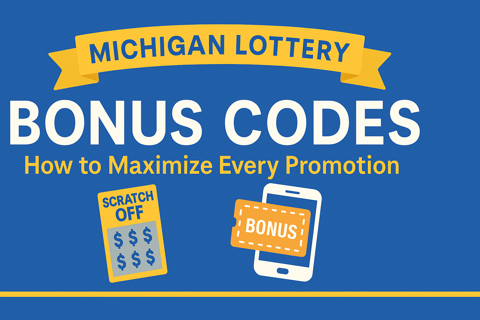 Digital banner showing Michigan Lottery Bonus Codes guide with smartphone, lottery ticket, and gold coin icons in blue and gold colors