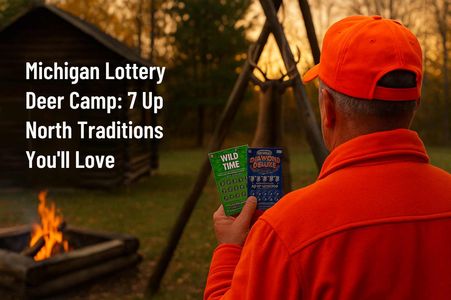 Hunter in blaze orange holds Michigan Lottery scratch-off tickets near a rustic deer camp cabin and campfire during Michigan’s hunting season.