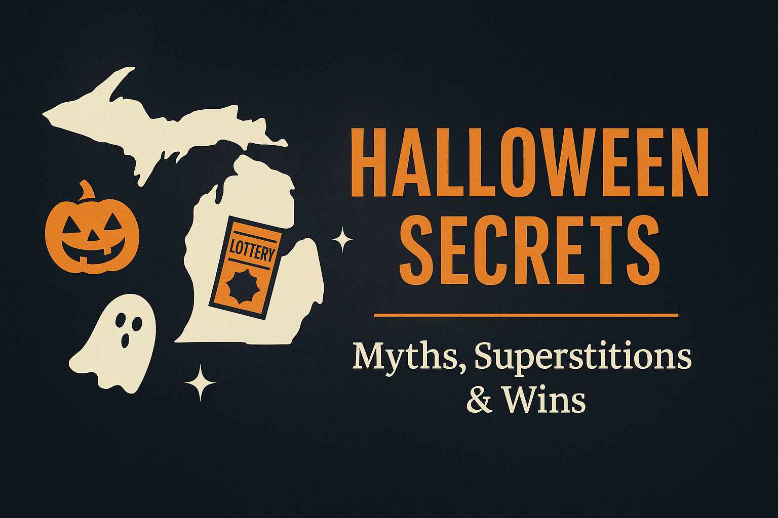 Michigan Lottery Halloween Secrets graphic with Michigan outline, jack-o’-lantern, lottery ticket, and ghost icons on a dark autumn background.