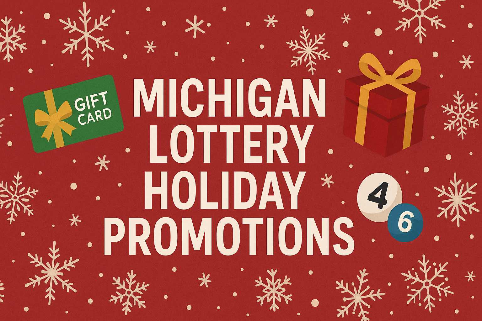 Holiday-themed image showing Michigan Lottery Holiday Deals with gift cards, snowflakes, and festive lights in blue and gold tones.