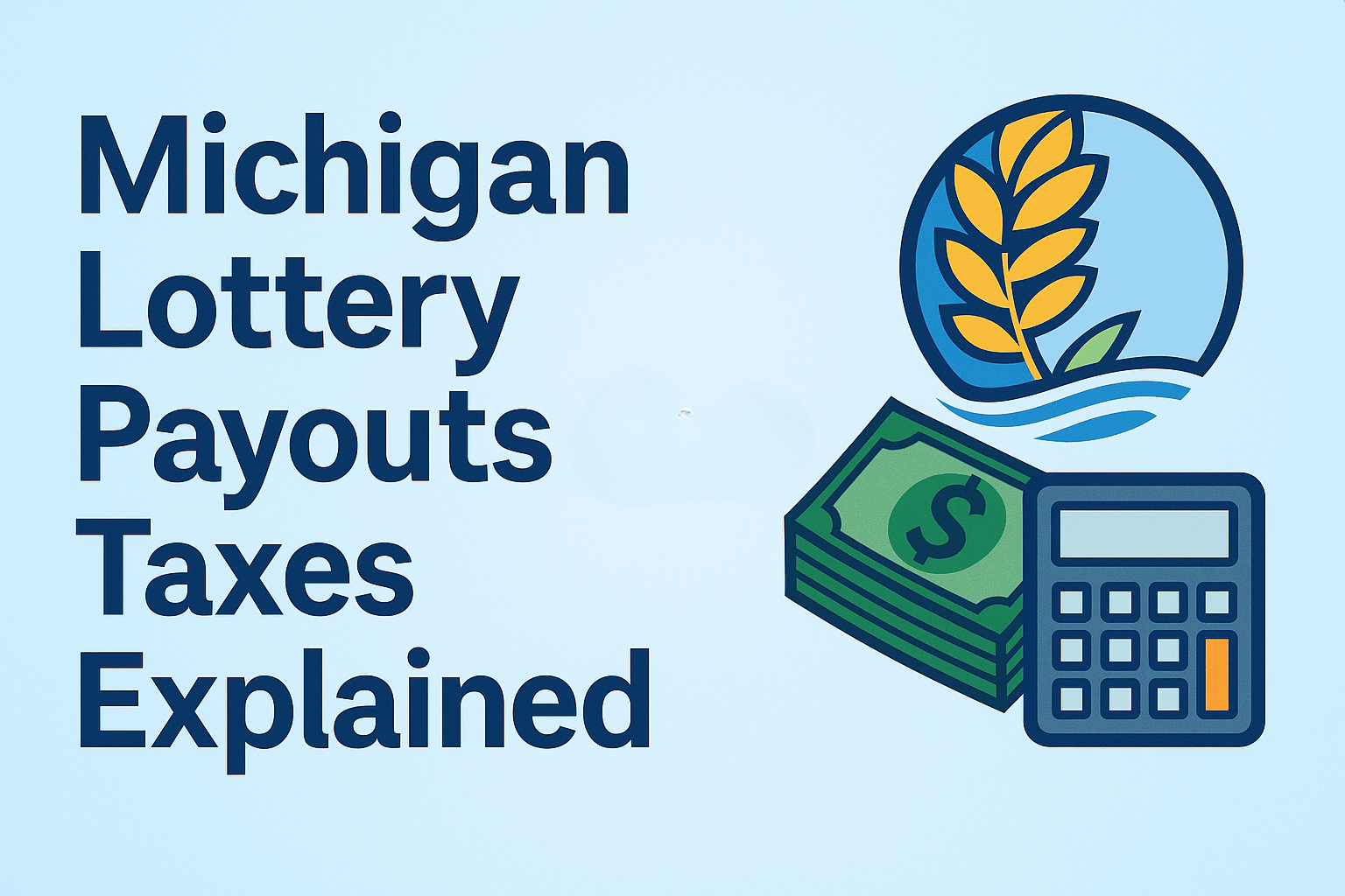 Michigan Lottery payouts and taxes guide with blue and gold theme showing tickets, calculator, and money icons.