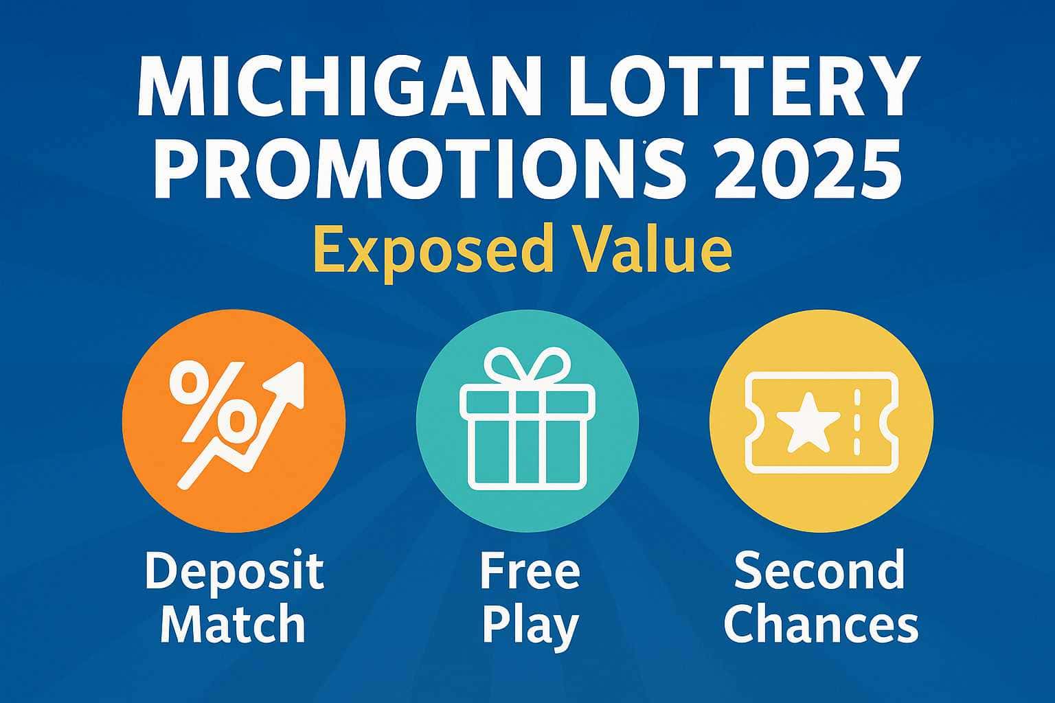Promotional graphic showing Michigan Lottery promotions, highlighting deposit matches, free play, and second-chance offers in 2025.