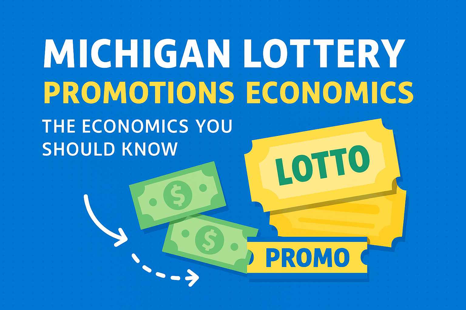 Promotional graphic explaining Michigan Lottery promotions economics with tickets and money icons on a blue background.