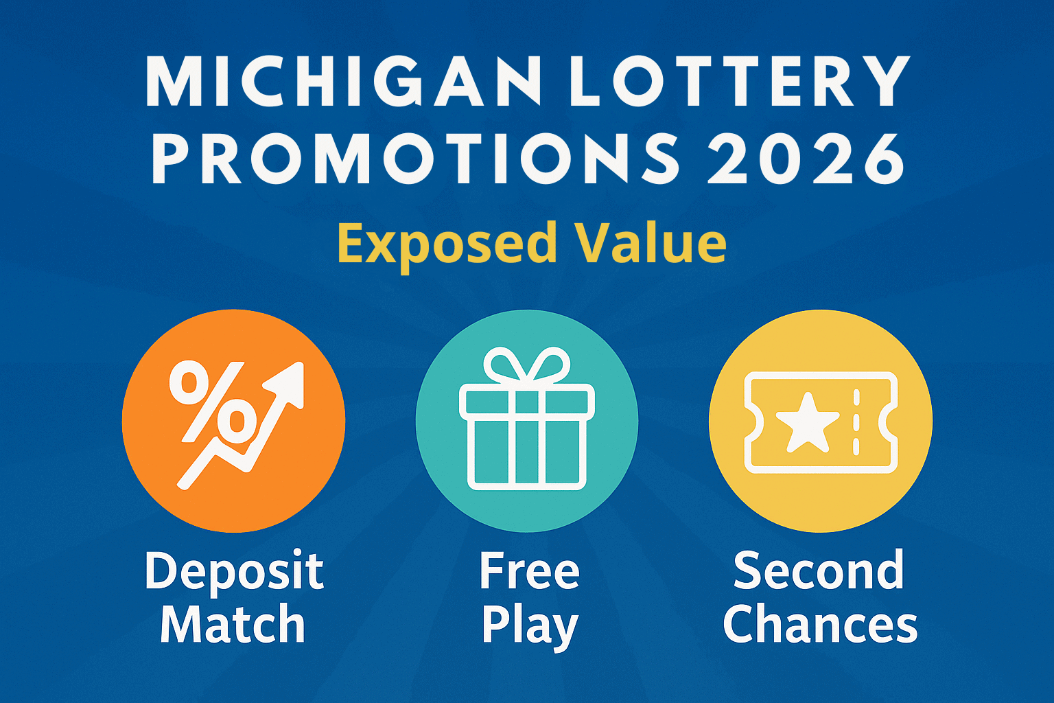 Promotional graphic showing Michigan Lottery promotions, highlighting deposit matches, free play, and second-chance offers in 2026.
