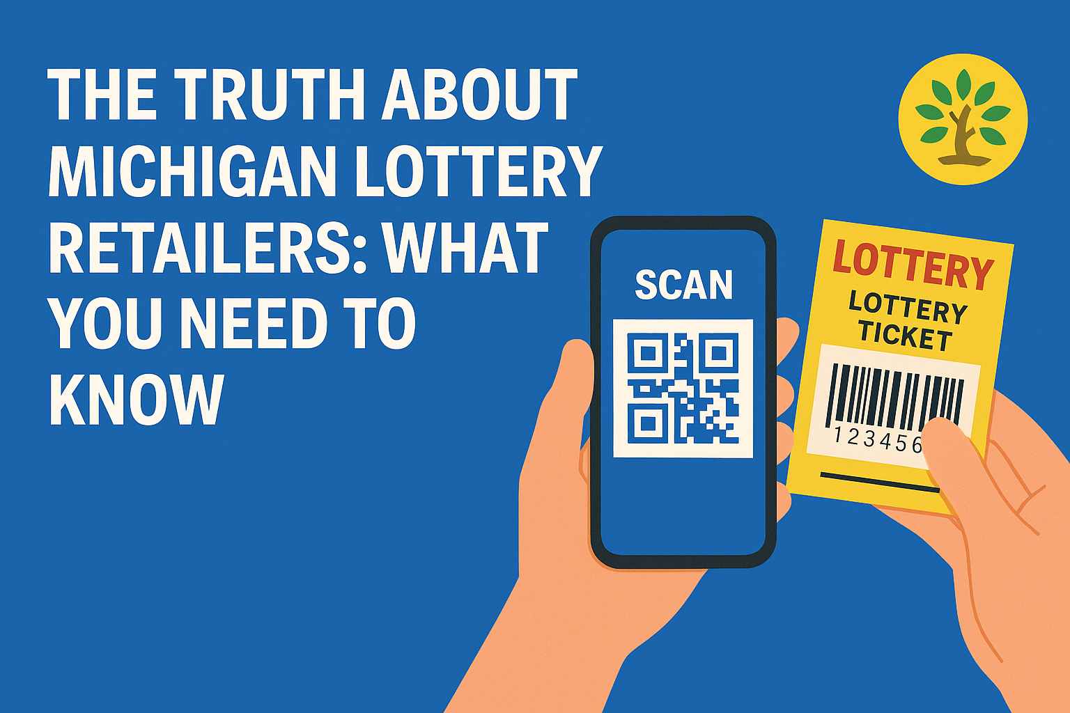 Illustration of a Michigan lottery retailer scene with hands scanning a lottery ticket using a smartphone, set against a blue background with bold headline text.