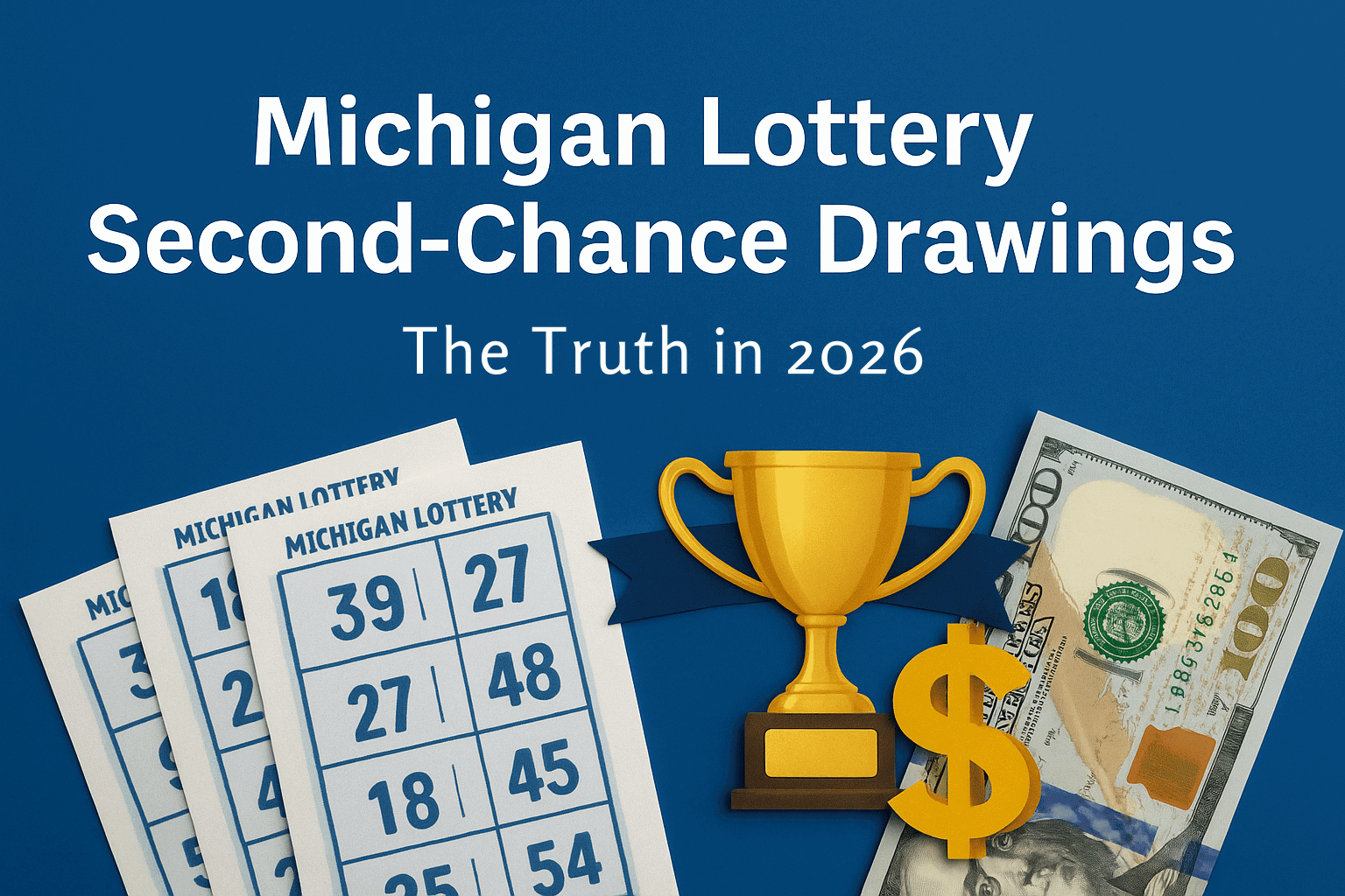 Promotional graphic illustrating Michigan Lottery second-chance drawings in 2026, featuring tickets, bonus entries, and prize imagery.