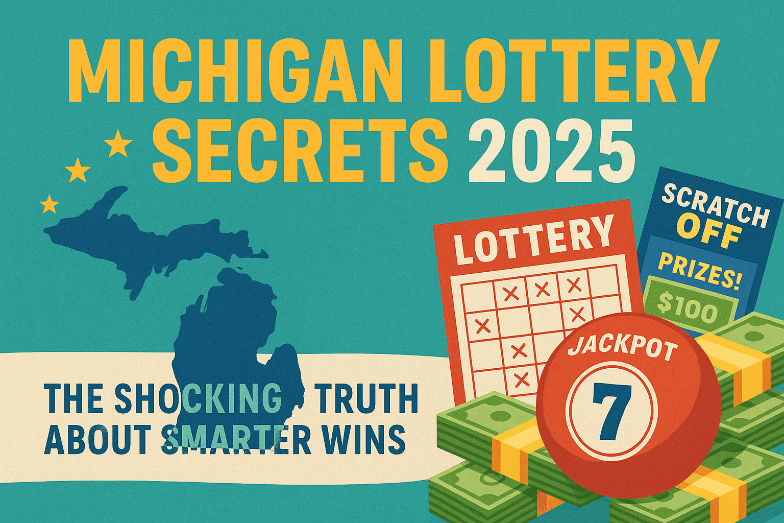 Infographic with Michigan state outline, lottery tickets, and headline text “Michigan Lottery Secrets 2025: The Shocking Truth About Smarter Wins”