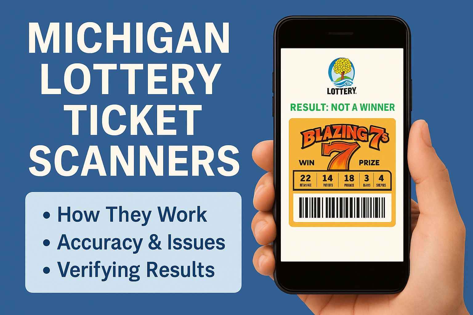 Smartphone scanning a Michigan Lottery ticket with bold headline overlay on a blue Michigan-themed background