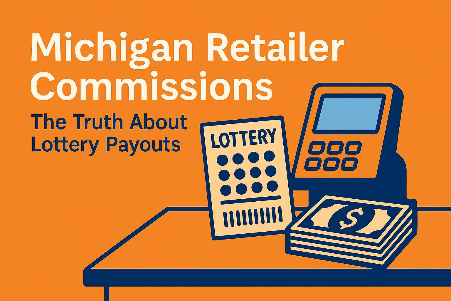 Illustration of a Michigan lottery retailer counter with a lottery terminal, ticket, and cash on an orange background, featuring the article title text overlay.