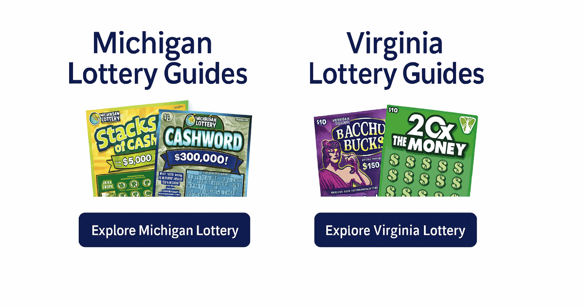 Online Lottery Promotions banner featuring Michigan and Virginia Lottery guides