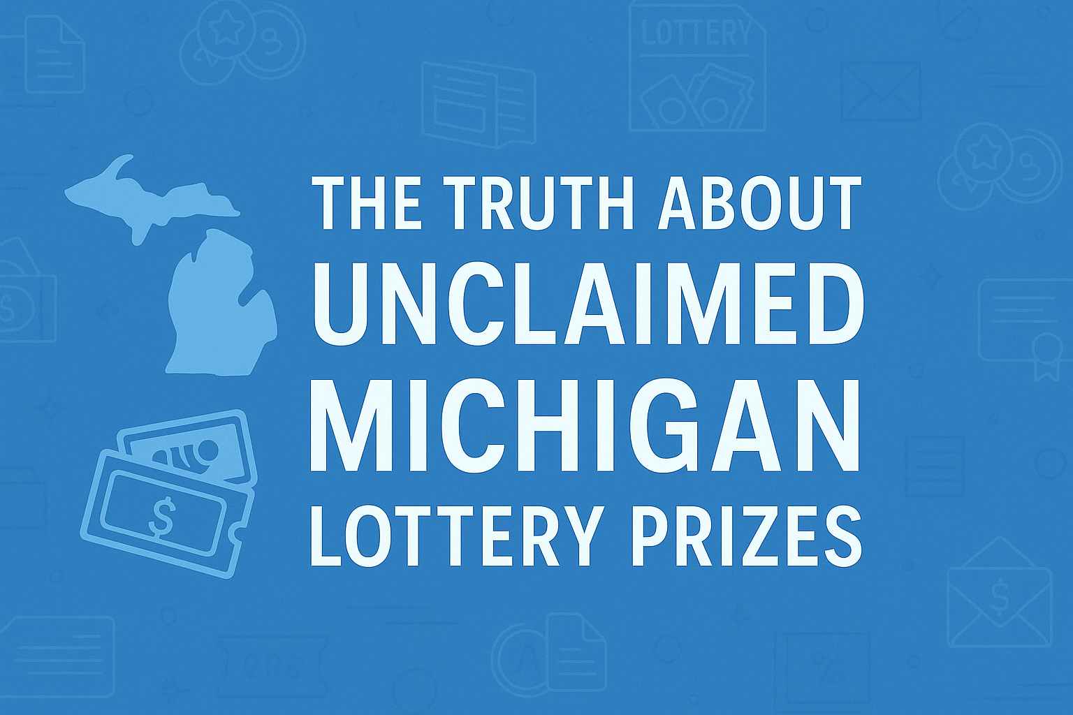 Blue promotional image with the headline “The Truth About Unclaimed Michigan Lottery Prizes” and subtle Michigan-themed illustrations.