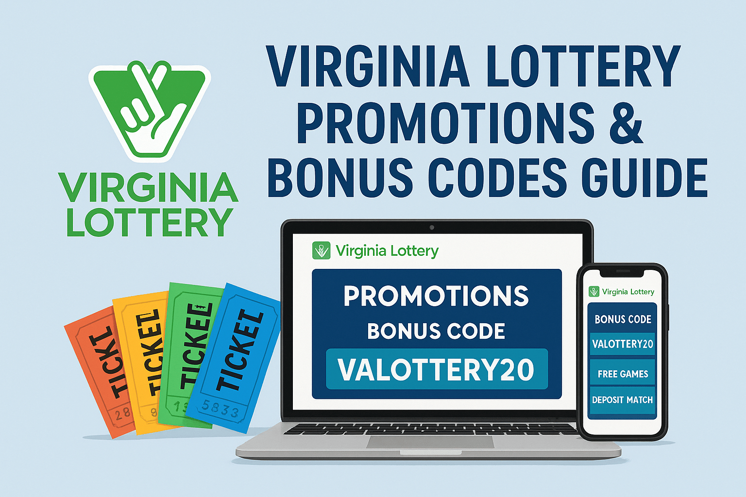 Virginia Lottery promotions and bonus codes displayed on laptop screen with Virginia Lottery logo and colorful tickets