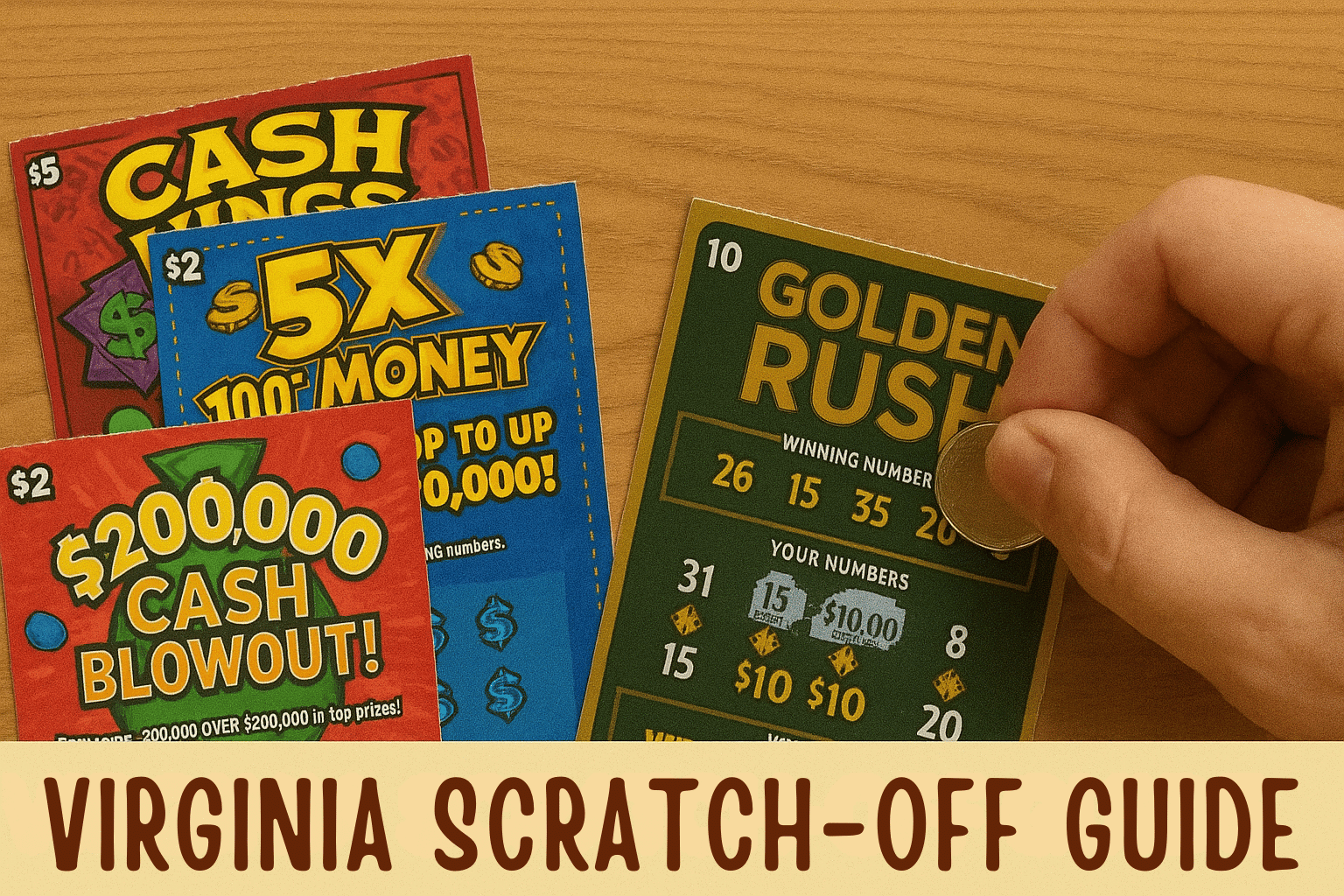 Virginia Lottery scratch-offs guide showing tickets being scratched with a coin on a table.