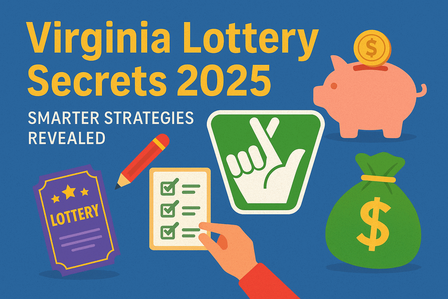Virginia Lottery Secrets 2025 infographic with lottery ticket, checklist, piggy bank, and jackpot icons