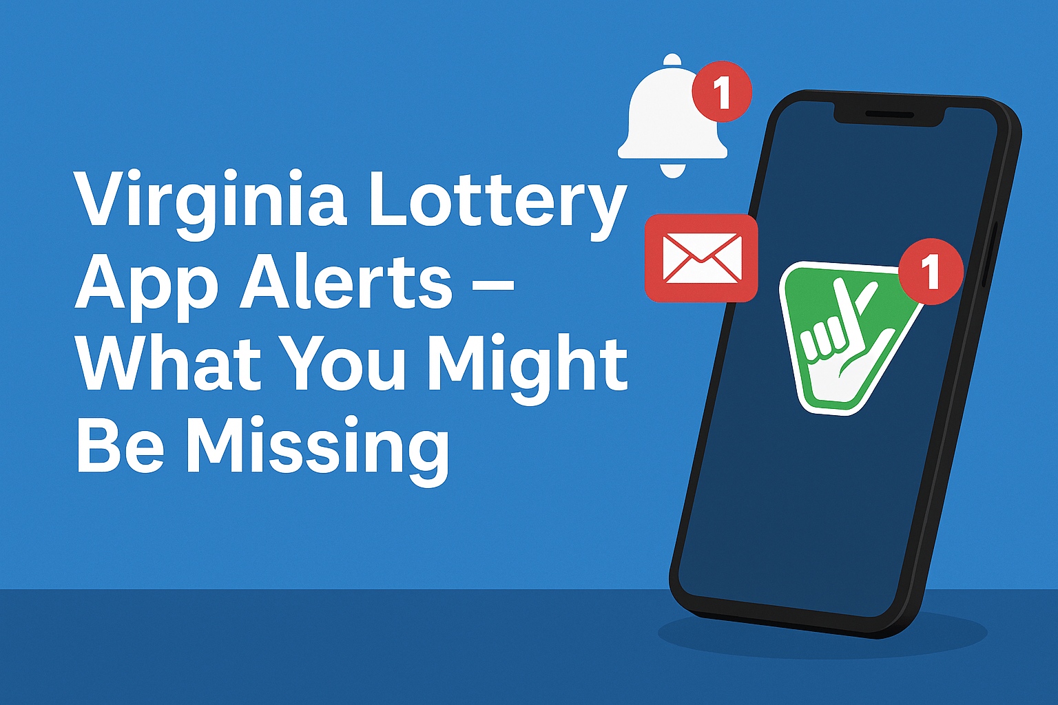 Smartphone displaying Virginia Lottery app notifications for jackpots and winnings on a blue background