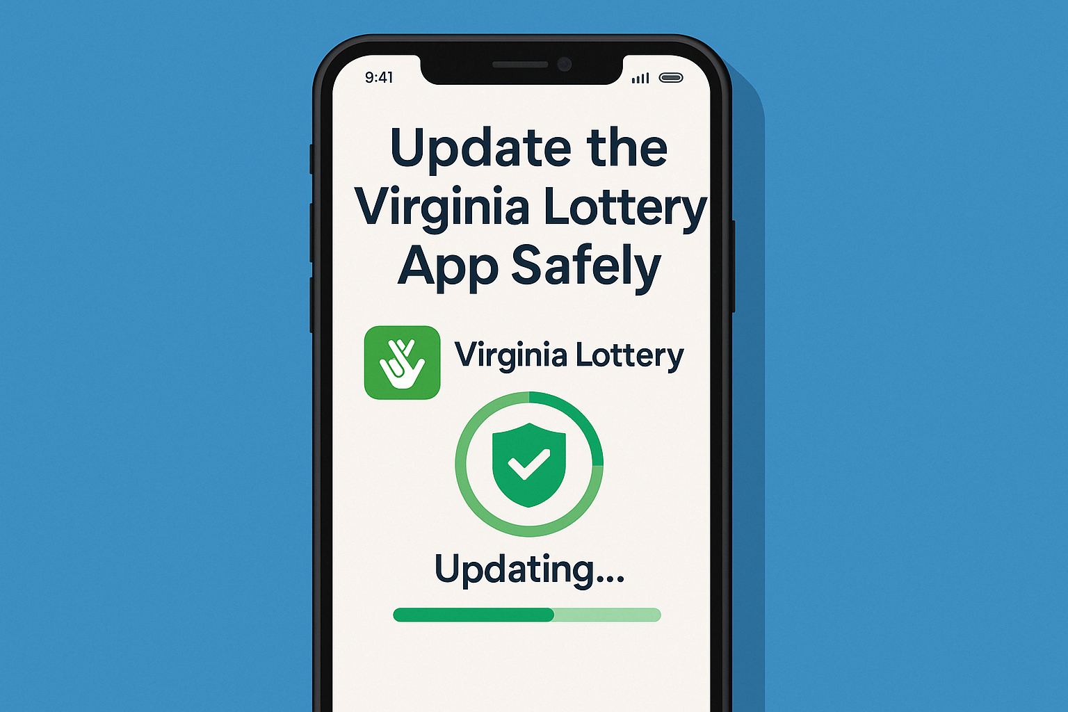 Alt Text: Smartphone showing the Virginia Lottery app update screen with secure checkmark shield icon