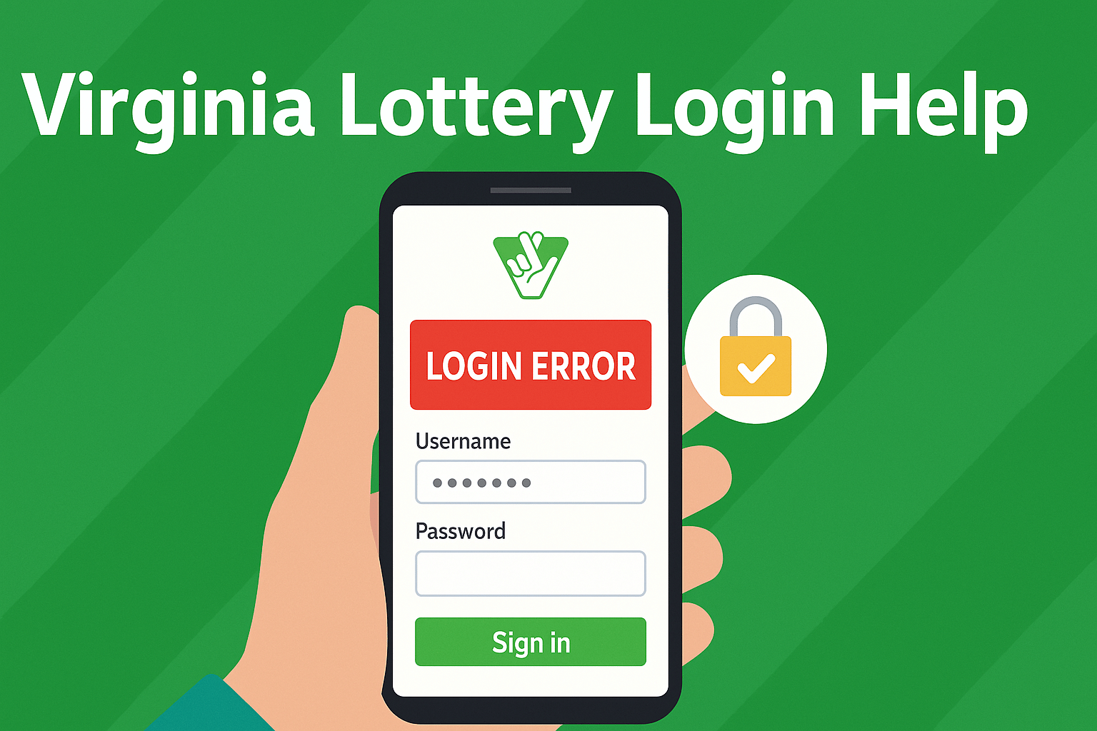 Smartphone showing a Virginia Lottery login error with a security lock icon on a blue background