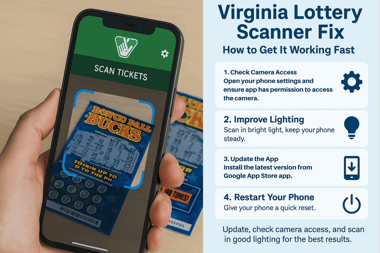 Smartphone scanning a Virginia Lottery ticket with camera focus and clear barcode under bright lighting