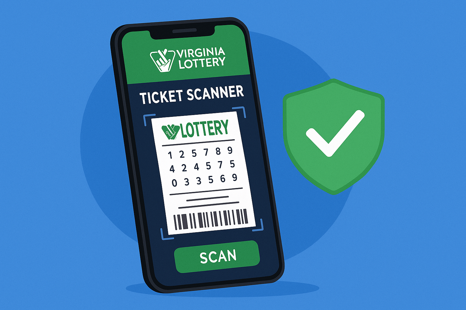 Smartphone scanning a Virginia Lottery ticket with a blue background and secure checkmark