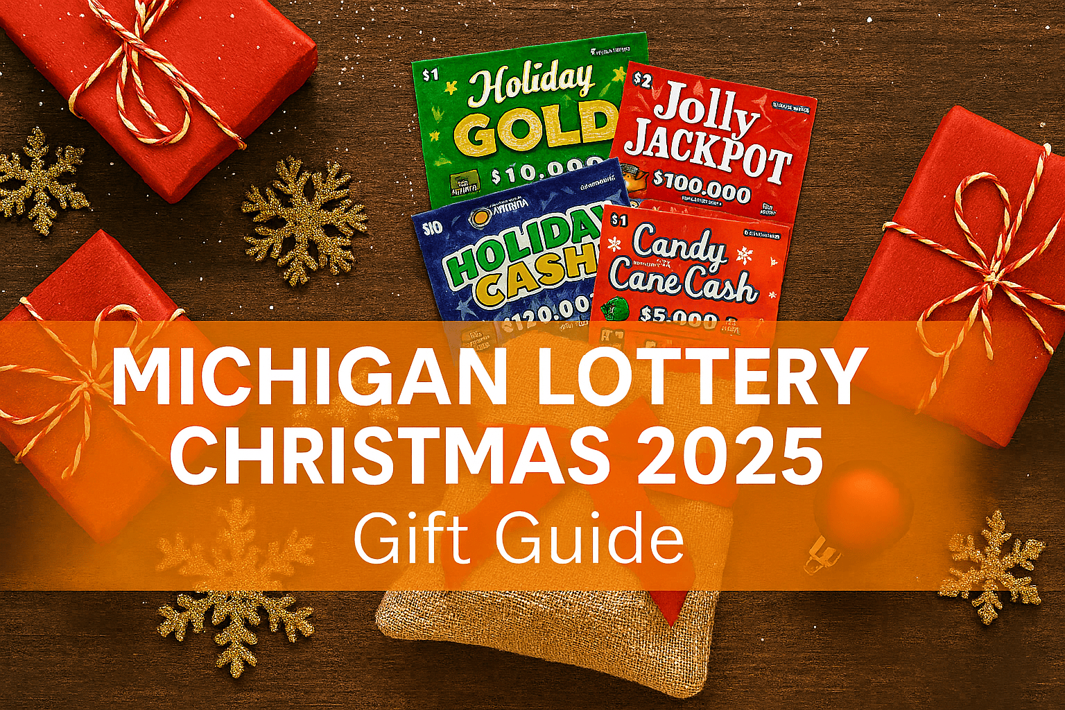 Festive wrapped Michigan Lottery tickets and Christmas gifts with text overlay reading “Michigan Lottery Christmas 2025 Gift Guide.