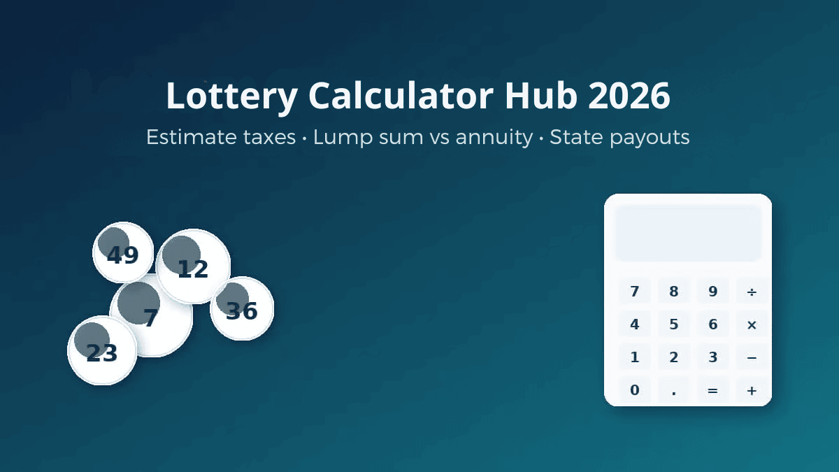 Lottery Calculator Hub 2026 featured image showing calculator and lottery balls with title text at the top