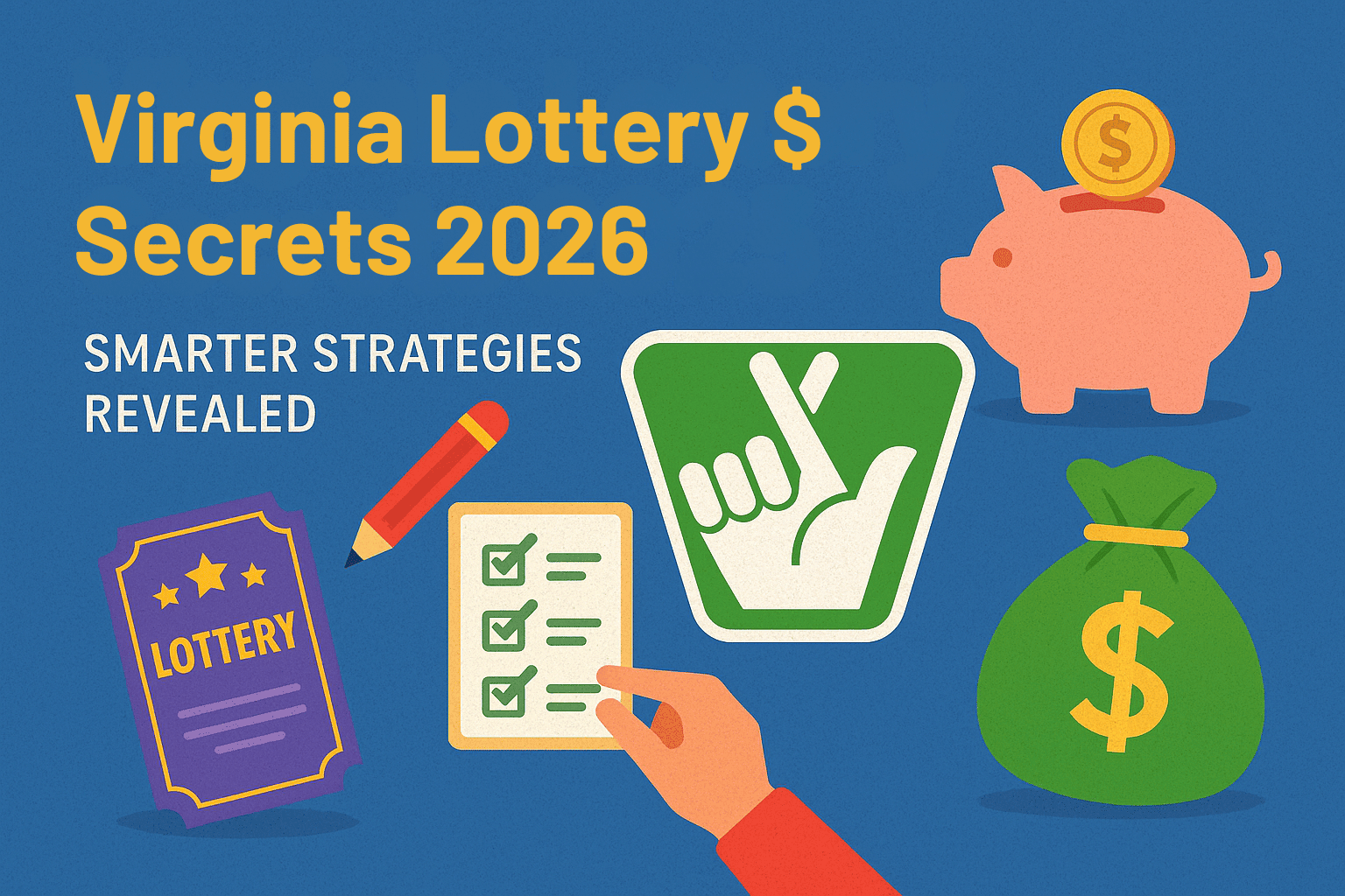 Virginia Lottery Secrets 2026 infographic with lottery ticket, checklist, piggy bank, and jackpot icons