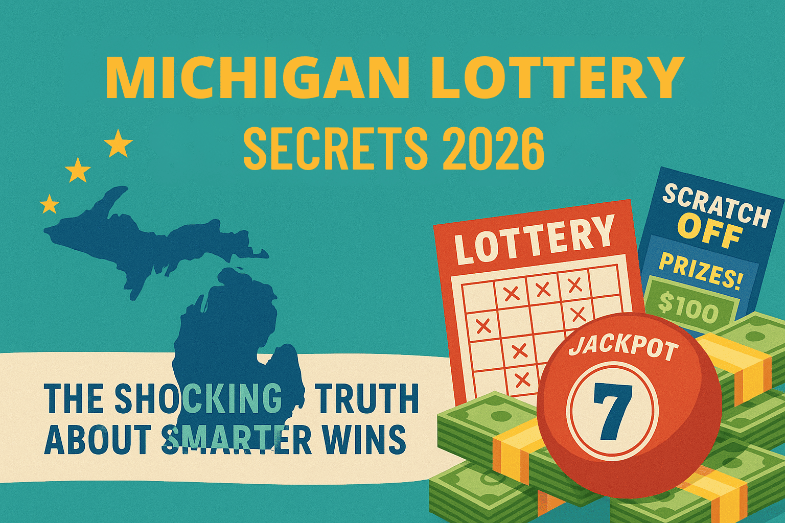 Infographic with Michigan state outline, lottery tickets, and headline text “Michigan Lottery Secrets 2025: The Shocking Truth About Smarter Wins”