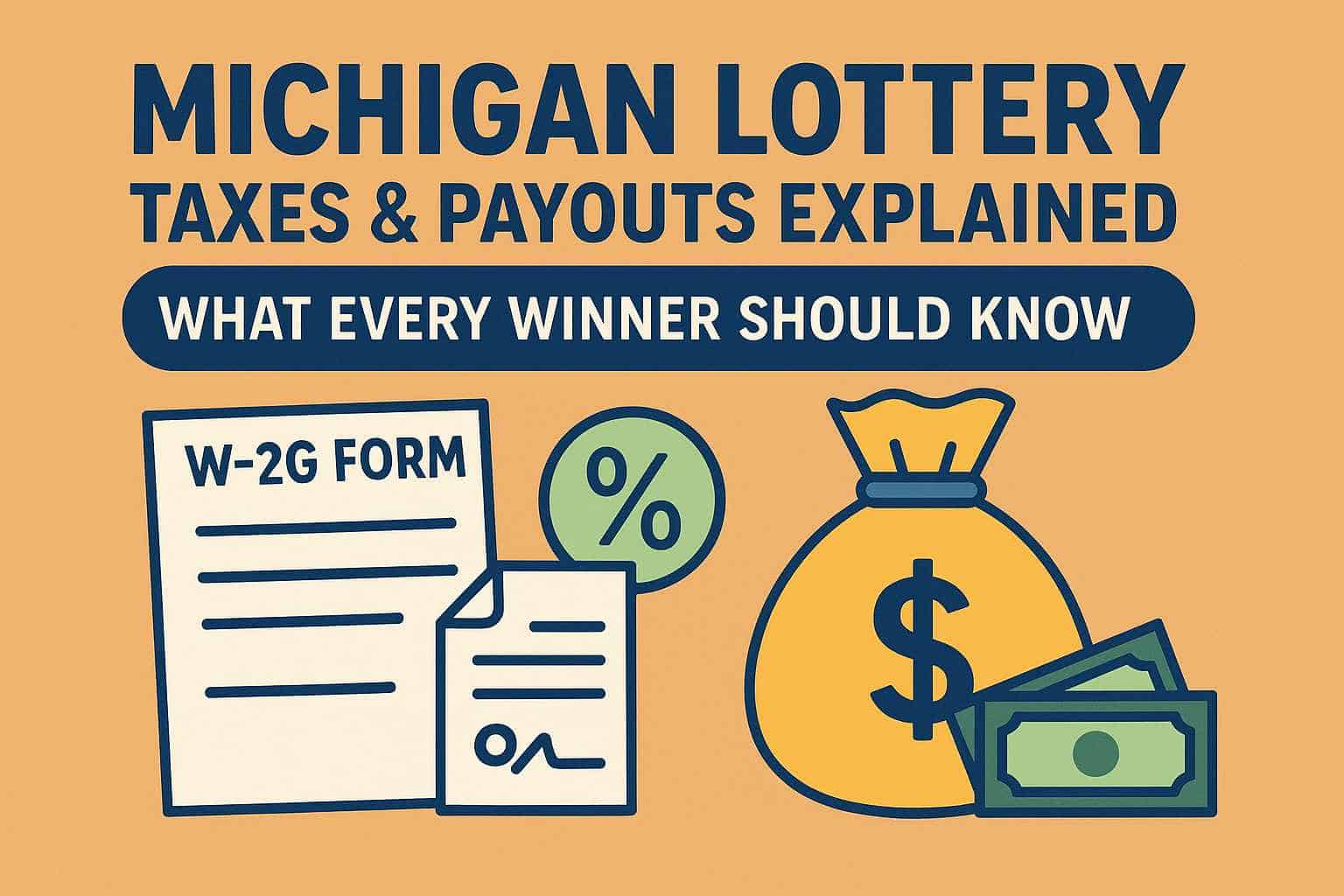 Michigan Lottery taxes and payouts guide with W-2G form, percentage icon, money bag, and dollar bills illustration in blue and gold.